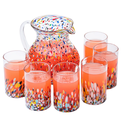 Hand Blown Mexican Drinking Glasses and Pitcher – Set of 6