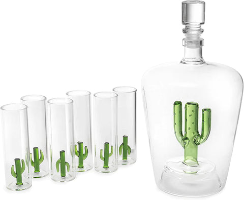 Tequila Decanter Set with Cactus Decanter and 6 Cactus Shot Glasses Set