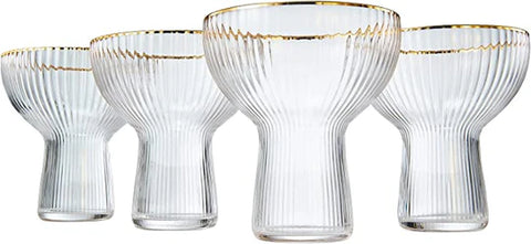 Ribbed Stemless Margarita Glasses with Gold Rim - Set of 4 - Hand Blown (10 OZ)