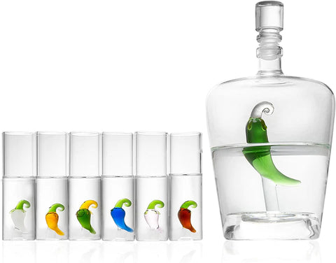 Tequila Decanter Set with Pepper Decanter and 6 Jalapeño Shot Glasses Set