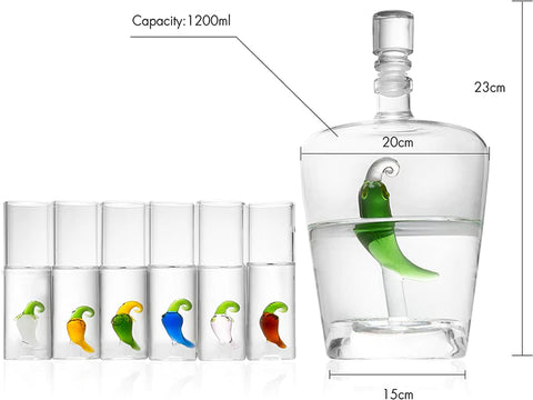 Tequila Decanter Set with Pepper Decanter and 6 Jalapeño Shot Glasses Set