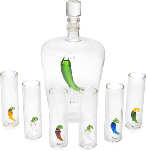 Tequila Decanter Set with Pepper Decanter and 6 Jalapeño Shot Glasses Set