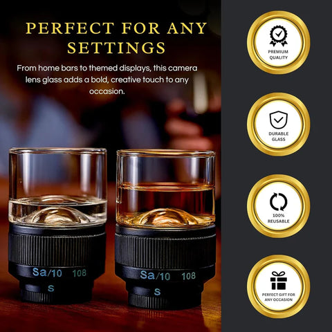 Camera Lens Whiskey Glasses | Novelty Cups for Photographers | Set of 2