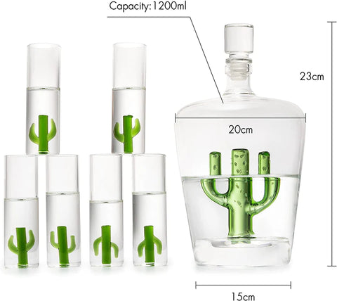 Tequila Decanter Set with Cactus Decanter and 6 Cactus Shot Glasses Set
