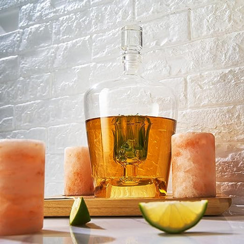 Tequila Decanter With Four Pink Himalayan Salt Shot Glasses Set