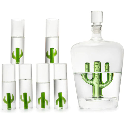 Tequila Decanter Set with Cactus Decanter and 6 Cactus Shot Glasses Set