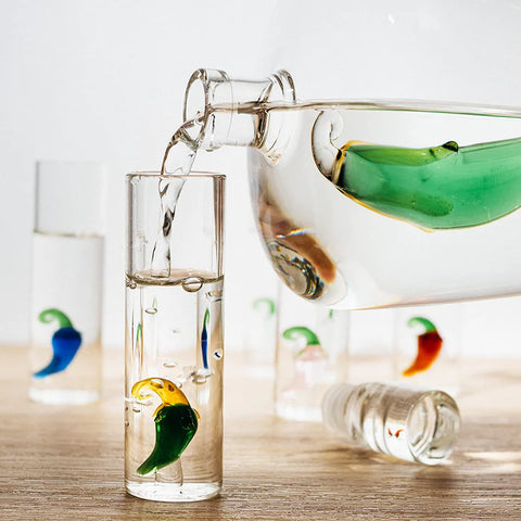 Tequila Decanter Set with Pepper Decanter and 6 Jalapeño Shot Glasses Set