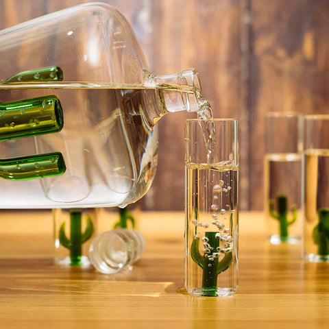 Tequila Decanter Set with Cactus Decanter and 6 Cactus Shot Glasses Set