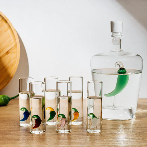 Tequila Decanter Set with Pepper Decanter and 6 Jalapeño Shot Glasses Set