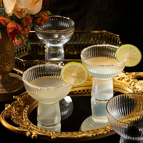 Ribbed Stemless Margarita Glasses with Gold Rim - Set of 4 - Hand Blown (10 OZ)