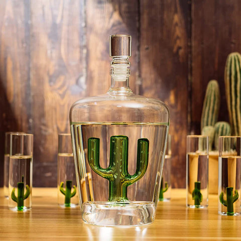 Tequila Decanter Set with Cactus Decanter and 6 Cactus Shot Glasses Set