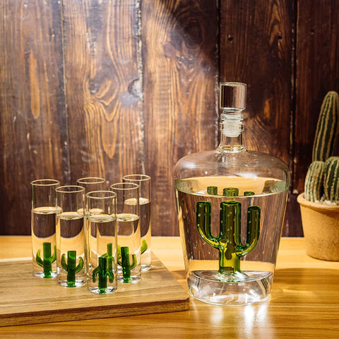 Tequila Decanter Set with Cactus Decanter and 6 Cactus Shot Glasses Set