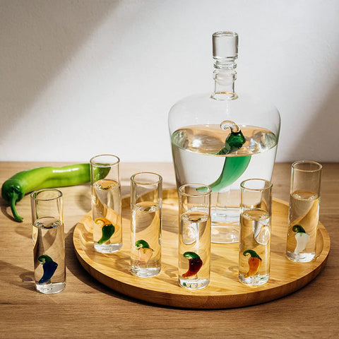 Tequila Decanter Set with Pepper Decanter and 6 Jalapeño Shot Glasses Set