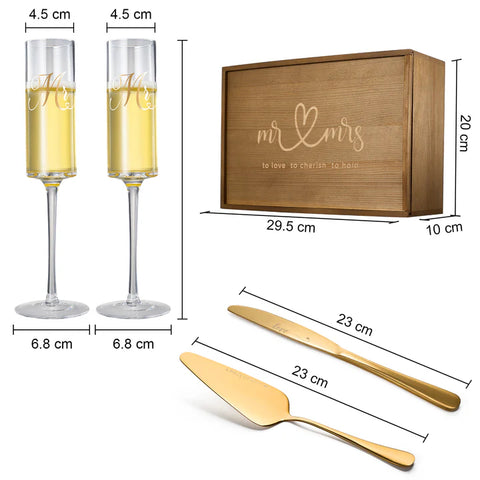Wedding, Bridal Mr & Mrs Champagne Flutes Gift | Set of 2 | Gold