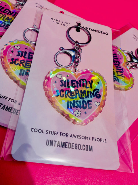 Silently Screaming Inside Holographic Heart Holographic Keychain