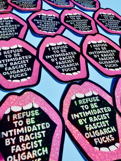 Anti-Fascist Statement Sticker – Bold Political Vinyl Sticker with Pink Glitter Mouth