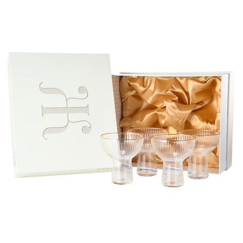 Ribbed Stemless Margarita Glasses with Gold Rim - Set of 4 - Hand Blown (10 OZ)