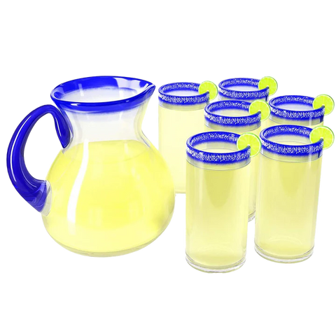 Hand Blown Blue Mexican Drinking Glasses and Pitcher – Set of 6