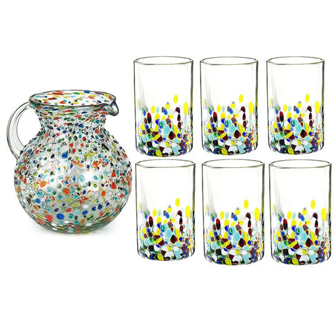 Hand Blown Mexican Drinking Glasses and Pitcher – Set of 6