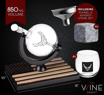 Airforce Whiskey Decanter Set: 4 Liquor Glasses, Air Force Whisky Decanter & Glass Set with Wood Base & 9 Whiskey Stones - US Airforce Gifts for Men - Globe Bourbon & Scotch Gifts for Dad