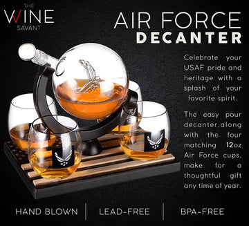 Airforce Whiskey Decanter Set: 4 Liquor Glasses, Air Force Whisky Decanter & Glass Set with Wood Base & 9 Whiskey Stones - US Airforce Gifts for Men - Globe Bourbon & Scotch Gifts for Dad