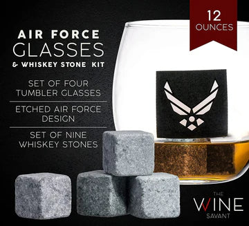 Airforce Whiskey Decanter Set: 4 Liquor Glasses, Air Force Whisky Decanter & Glass Set with Wood Base & 9 Whiskey Stones - US Airforce Gifts for Men - Globe Bourbon & Scotch Gifts for Dad