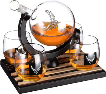 Airforce Whiskey Decanter Set: 4 Liquor Glasses, Air Force Whisky Decanter & Glass Set with Wood Base & 9 Whiskey Stones - US Airforce Gifts for Men - Globe Bourbon & Scotch Gifts for Dad