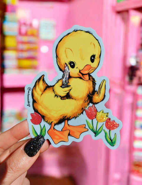 Funny Vinyl Sticker – Cute Duck with Knife – Waterproof Dark Humor Decal