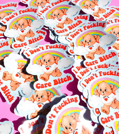 Lolly The Bear - Funny Vinyl Sticker – I Don’t F*cking Care Bitch Bear – Waterproof Holographic Rainbow Deca