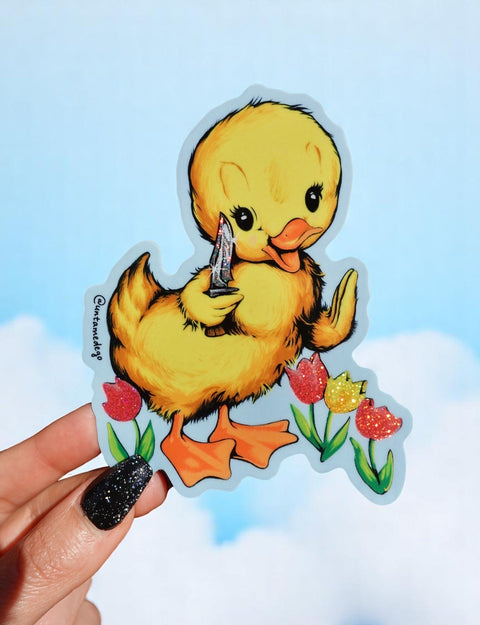 Funny Vinyl Sticker – Cute Duck with Knife – Waterproof Dark Humor Decal