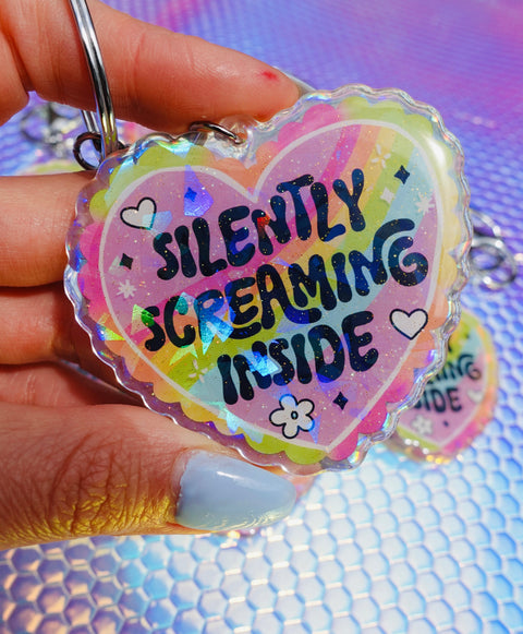 Silently Screaming Inside Holographic Heart Holographic Keychain