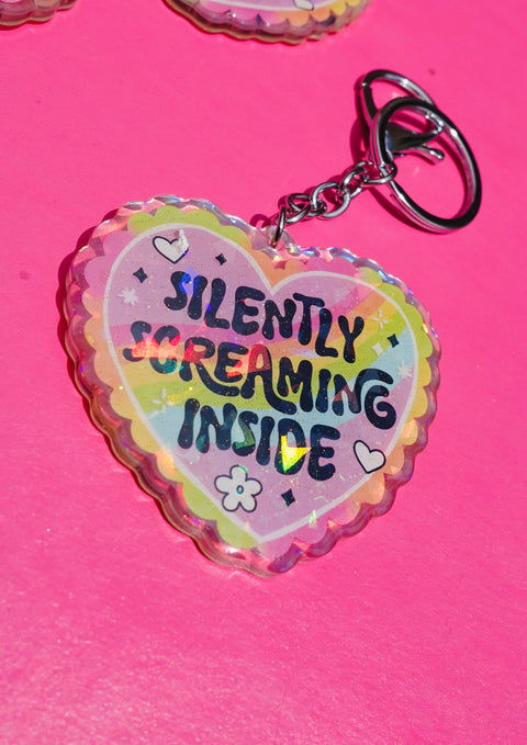 Silently Screaming Inside Holographic Heart Holographic Keychain