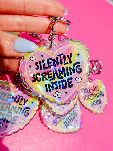 Silently Screaming Inside Holographic Heart Holographic Keychain