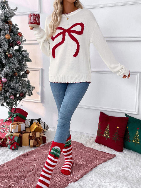 Bowknot Pattern Oversized Long-Sleeve Christmas Sweater | NCS