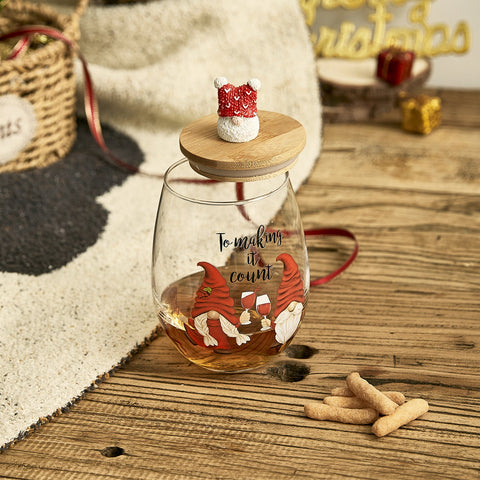 Christmas Gnome Wine & Water Glasses With Dwarf Wood Cover - Set of 2-17.5oz