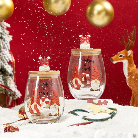 Christmas Gnome Wine & Water Glasses With Dwarf Wood Cover - Set of 2-17.5oz