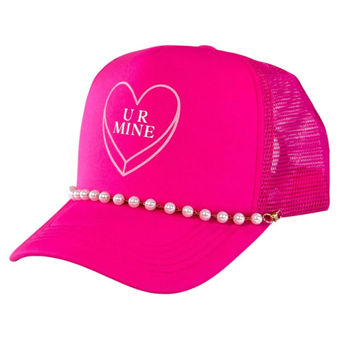 Ur Mine You're Mine Valentine’s Day Love Printed SnapBack Mesh Trucker Hat with Pearl Chain