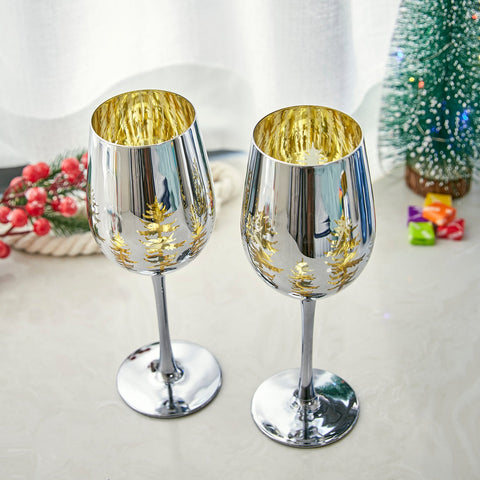 Crystal Christmas Tree Stemmed Wine & Water Glasses - Set of 2 Holiday Themed Vibrant Gold