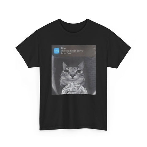 There Is Motion at Your Front Door Funny Cat Shirt – Hilarious Motion Camera Meme Graphic Tee