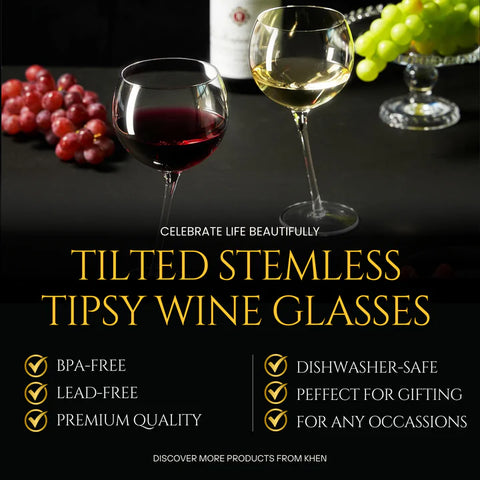 Tipsy Wine Glasses Set of 2 - 15.5OZ Unique Tilted Stemless