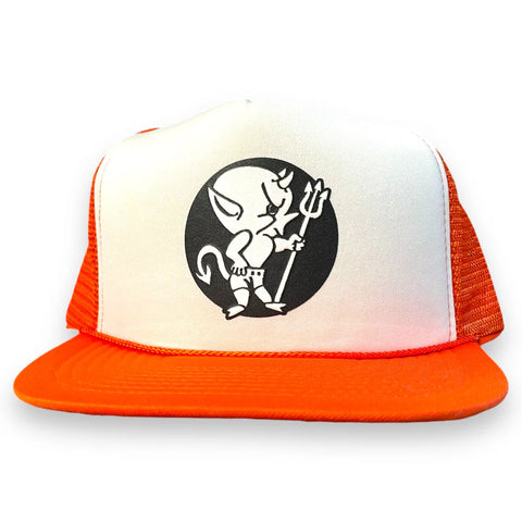 Custom Halloween Devil Boy Vintage White Orange Mesh Trucker Snapback Cap Hat print