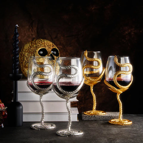 Stemmed Snake Wine Glass | SINGLE | 19oz Spooky Reptile Glasses 10" H (Silver)