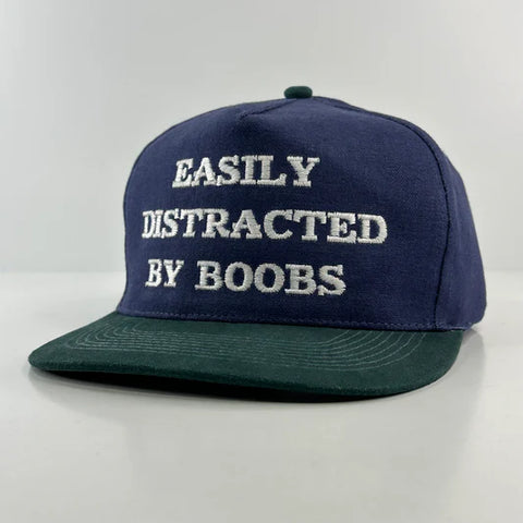 Easily Distracted By Boobs Vintage Navy Blue Crown Strapback Funny Inappropriate Cap Hat Custom Embroidered