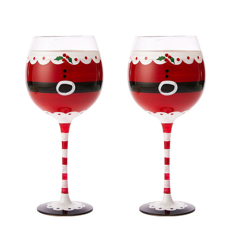 Santa's Elf Stemmed Wine & Water Glasses - Set of 2 - Shining Red & Black, 9" H - Christmas & Holiday Parties Glassware - Xmas Tree - Set of 2, 17.5oz