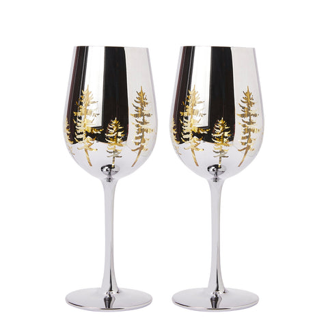 Crystal Christmas Tree Stemmed Wine & Water Glasses - Set of 2 Holiday Themed Vibrant Gold