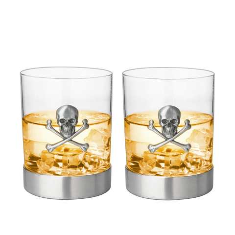 Skull & Skeleton Crossbones Pewter Whiskey - Set of 2 - 11oz