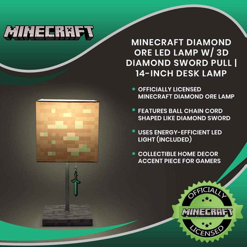 Minecraft Diamond Ore Lamp - 14-Inch LED Table Lamp with Diamond Sword Pull Chain