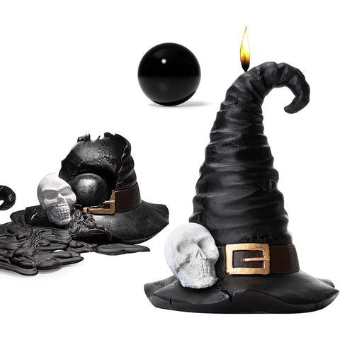 Halloween Decorations - Skeleton Witch & Wizard Hat Candle with Obsidian Crystal