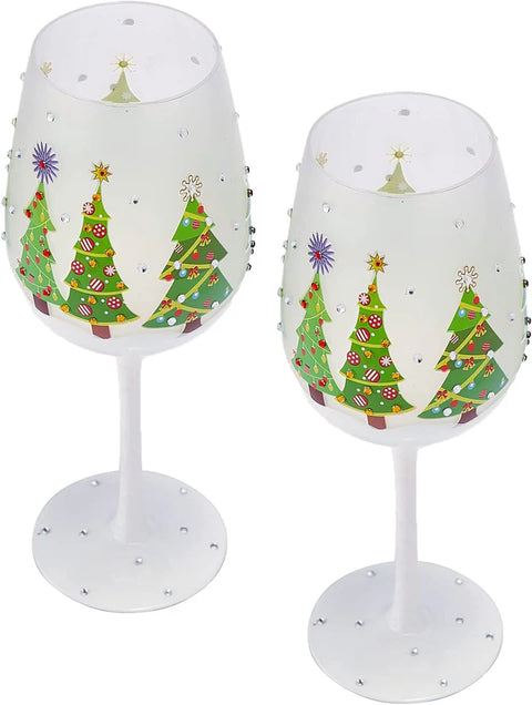 Set of 2 Stemmed Christmas Tree Design Wine Glasses - Hand Painted 14 oz