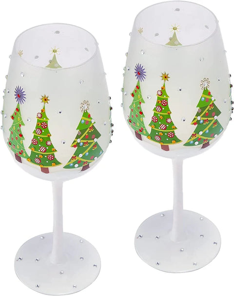 Set of 2 Stemmed Christmas Tree Design Wine Glasses - Hand Painted 14 oz